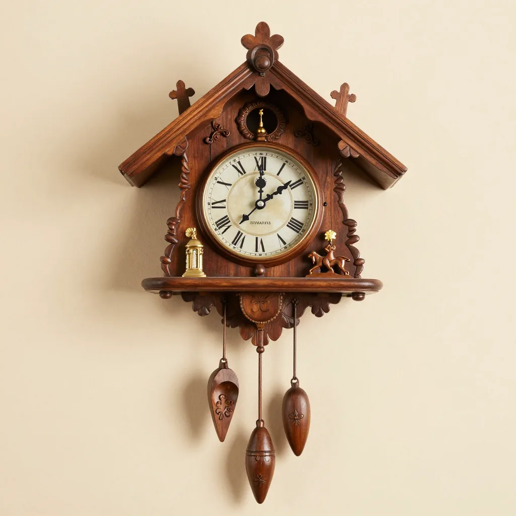 A traditional hand-carved cuckoo clock on a light background