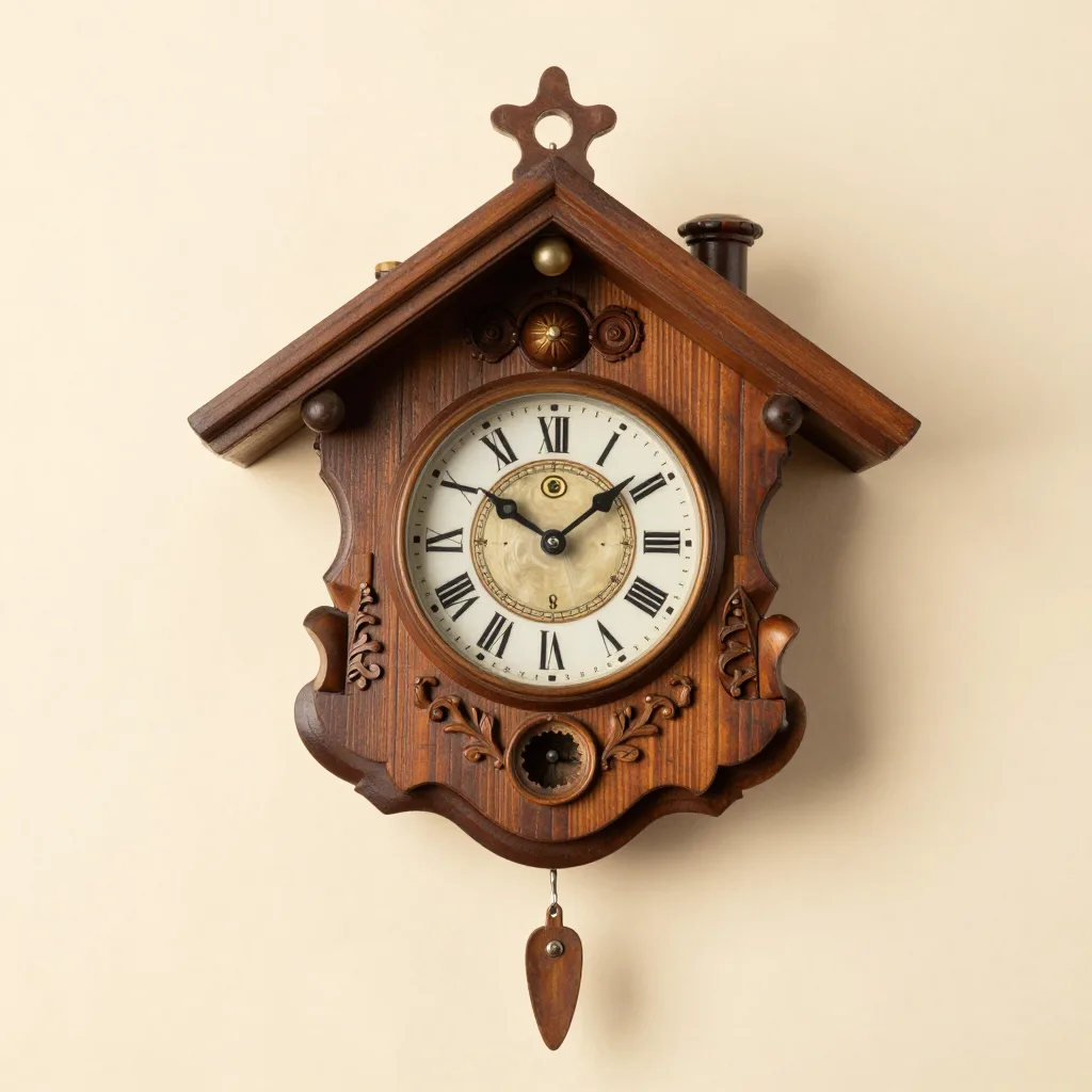 A chalet-style carved cuckoo clock on a light background