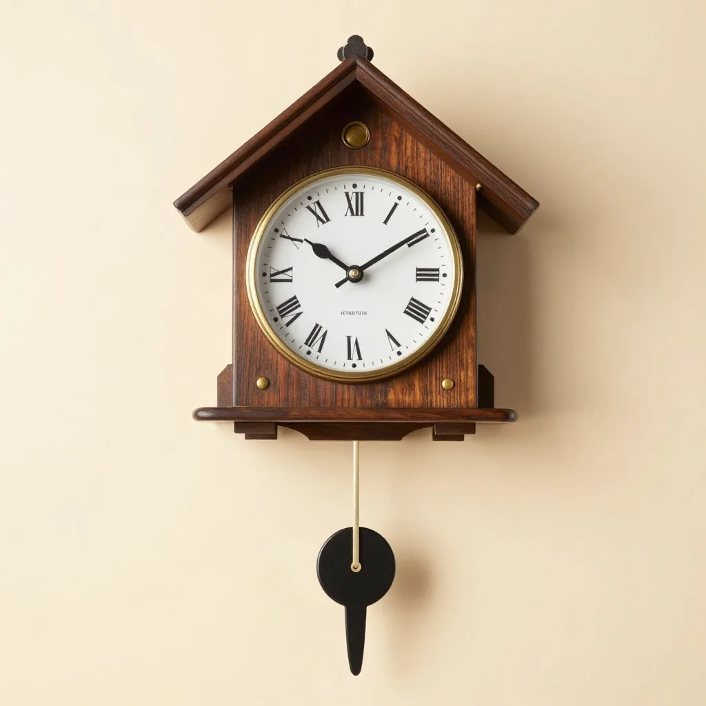 An eight-day cuckoo clock with a pendulum on a light background