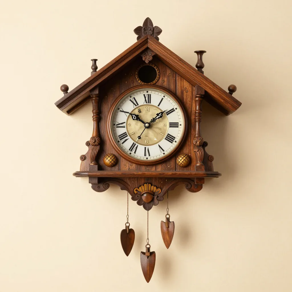 A musical carved cuckoo clock on a light background