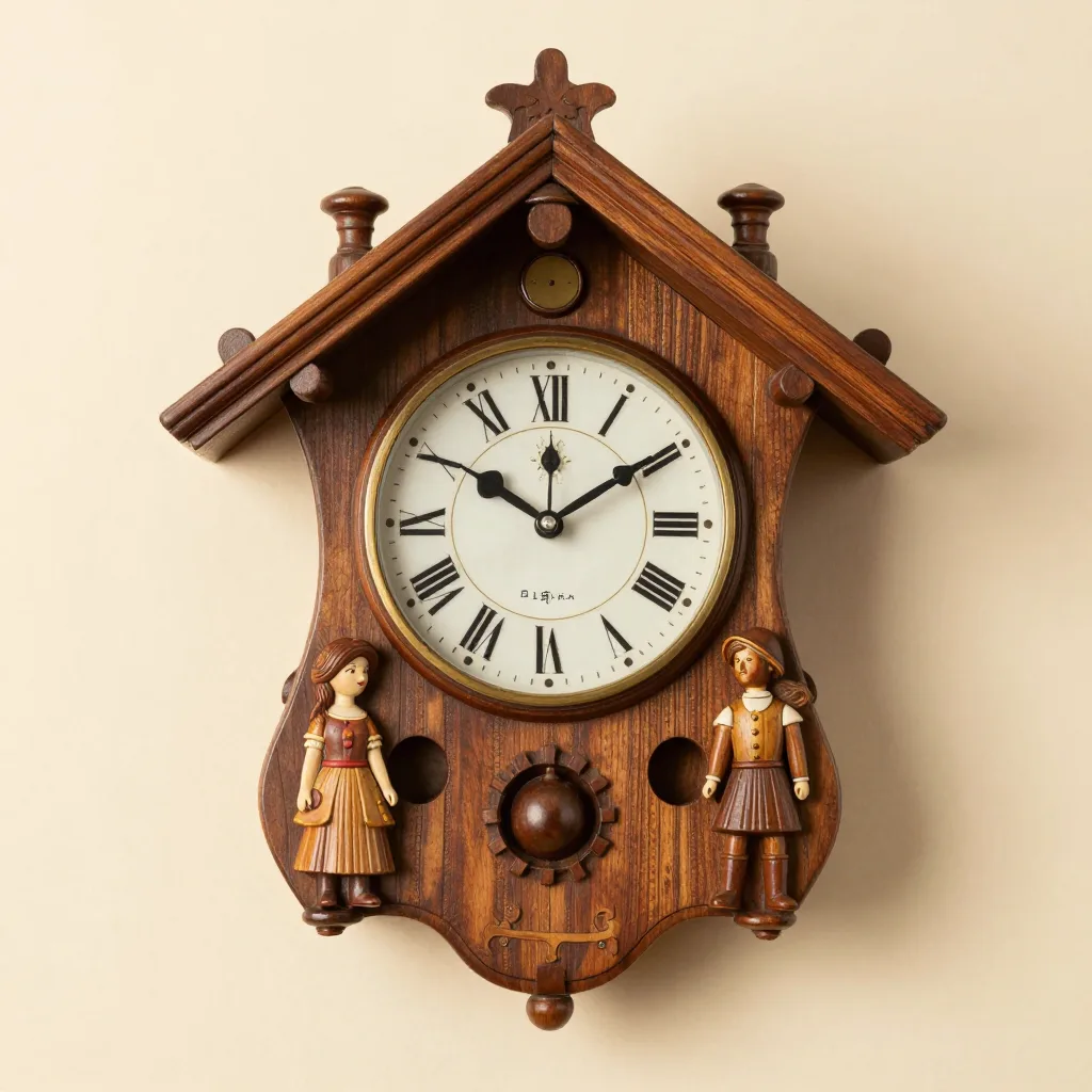 A couple's carved cuckoo clock on a light background
