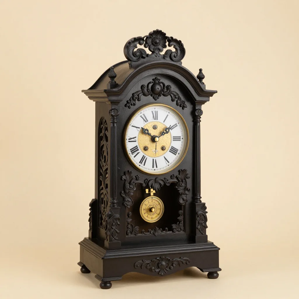 A richly carved Black Forest collector clock on a light background