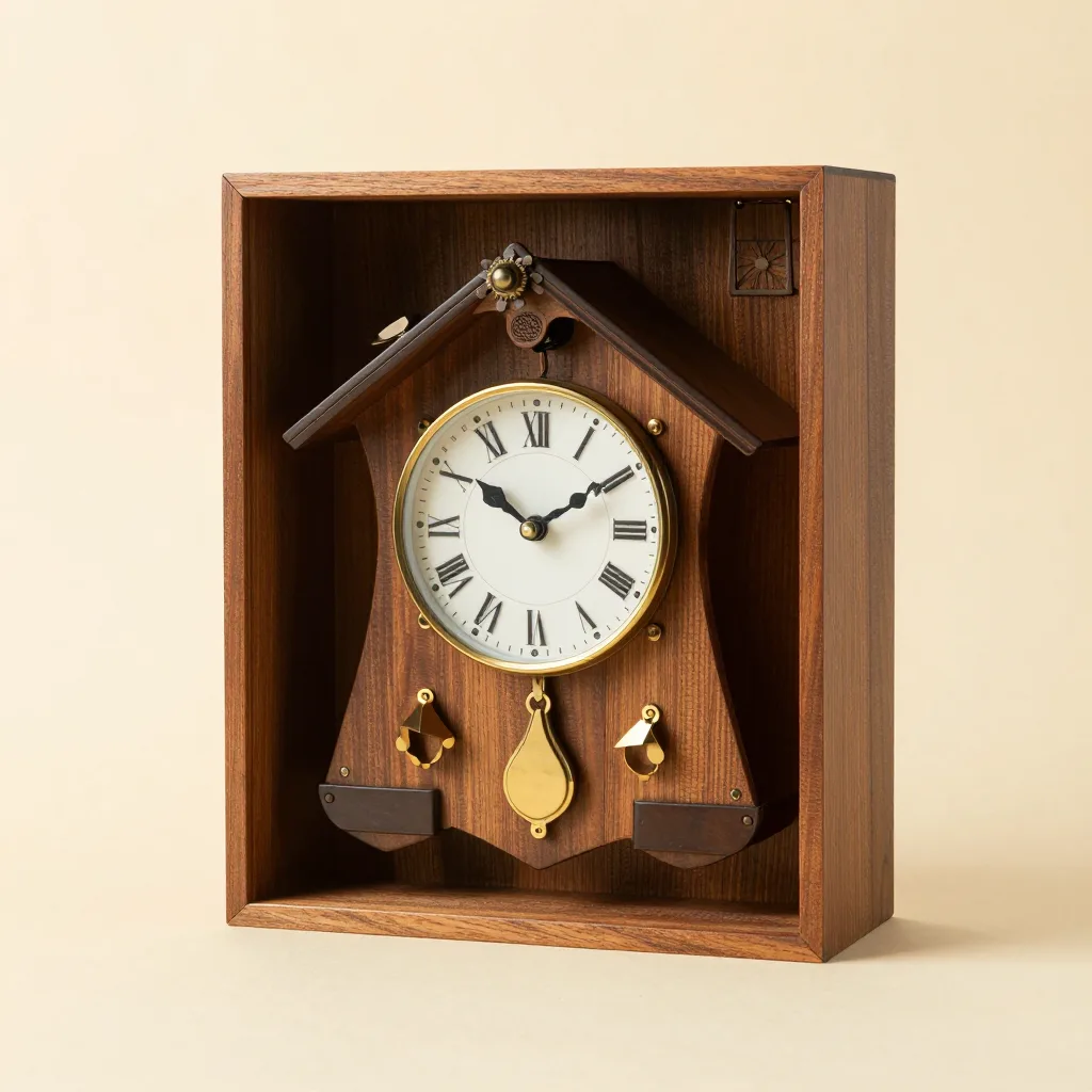An heirloom cuckoo clock gift set in a wooden box on a light background